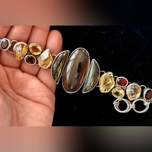 Rare Starborn Tiger Eye, Raw Citrine & Garnet Sterling Silver Link Bracelet